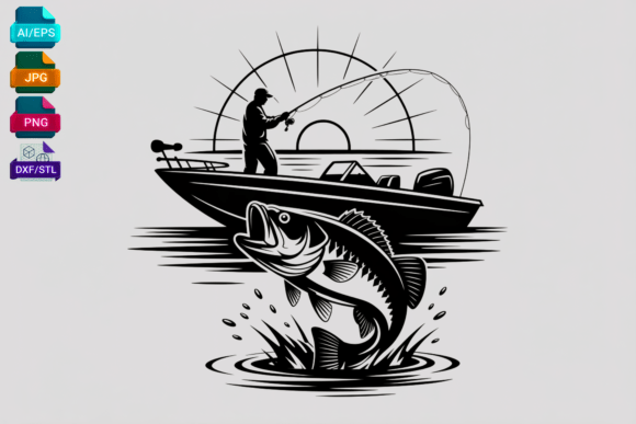 Fishing Bass Boat Sunrise Vector Art
