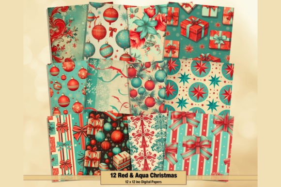 Red Aqua Christmas Patterns Digitals for Retro Crafts