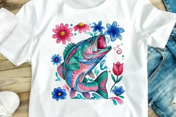 Vibrant Watercolor Bass Fish Floral PNG for Creative Crafting